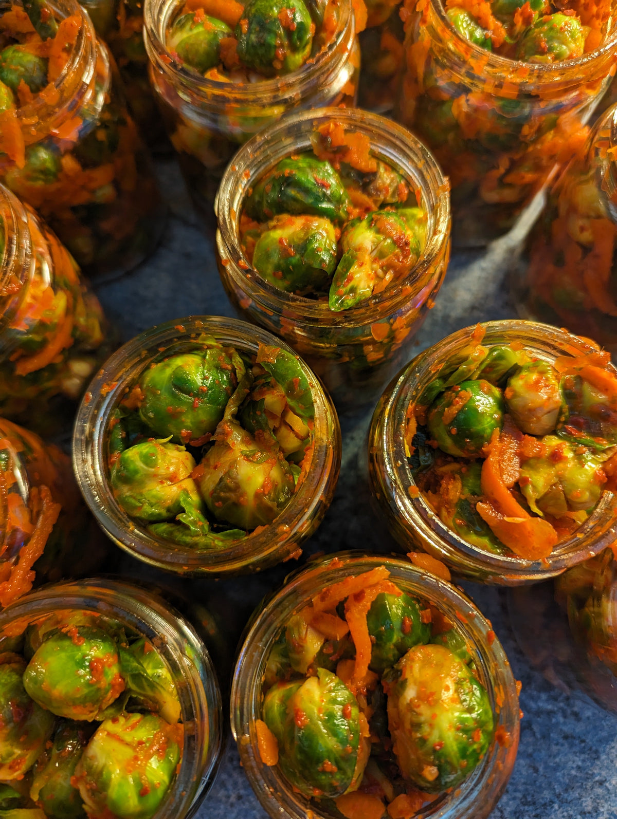Jars of Brussels sprout kimchi
