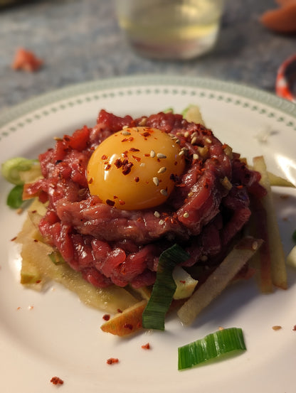 Korean beef tartare (yukhoe) with egg yolk